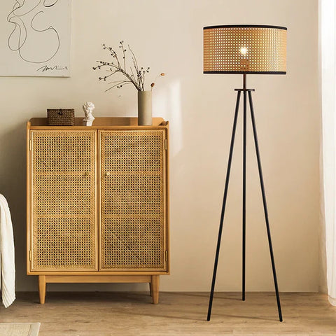 Rattan floor lamp with black trim in living area