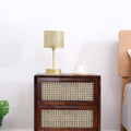 Wood and rattan bedside table.