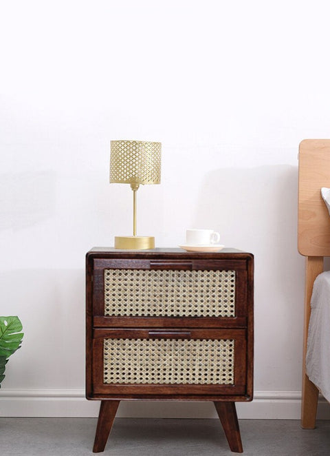 Wood and rattan bedside table.