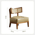 Wood and rattan, padded chair with dimensions.