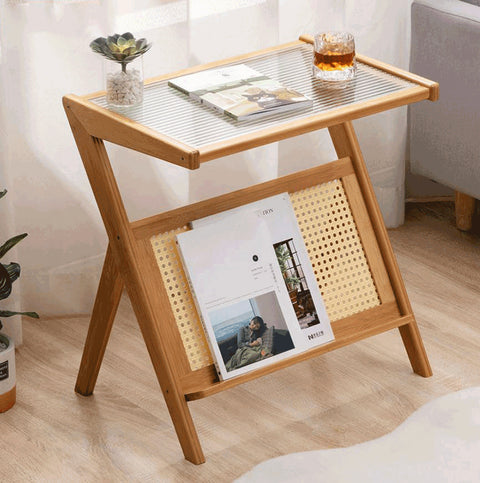 Wood, glass and rattan coffee table with magazine rack