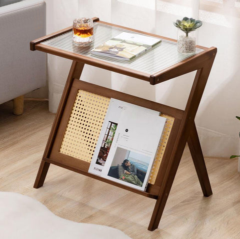 Wood, glass and rattan coffee table with magazine rack