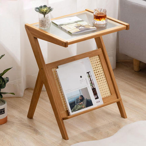 Wood, glass and rattan coffee table with magazine rack