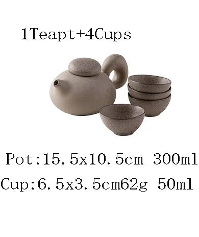 Teapot and bowls with dimensions