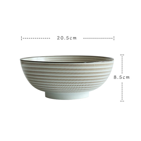 Round ceramic bowl with dimensions.