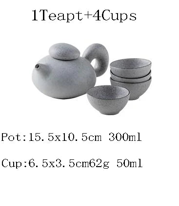 Teapot and bowls with dimensions