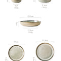 Selection of ceramic plates and bowls with dimensions.