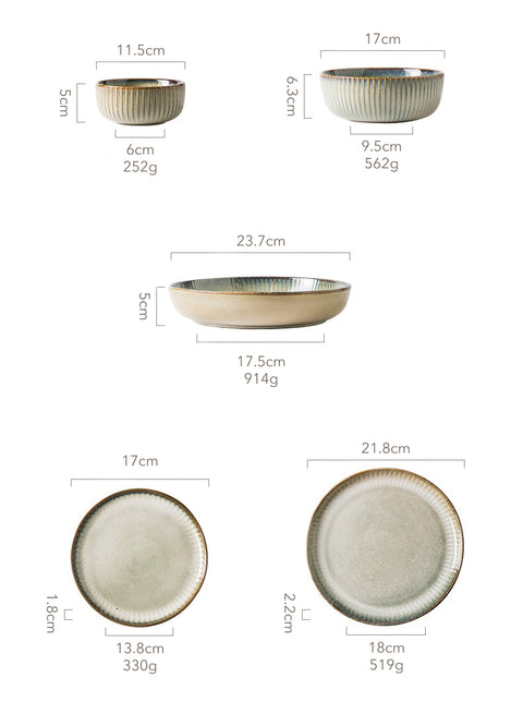 Selection of ceramic plates and bowls with dimensions.