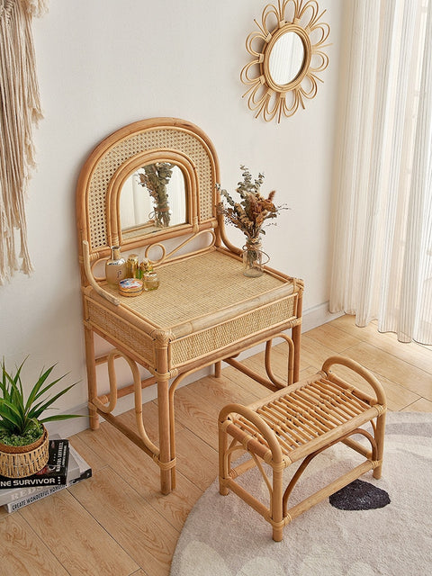 Bamboo and rattan dressing table with stool.