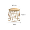 Rattan and wicker drum-style table with dimensions.