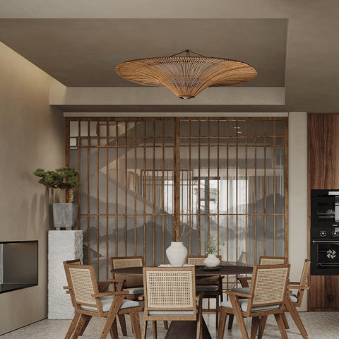 Rattan chandelier above table