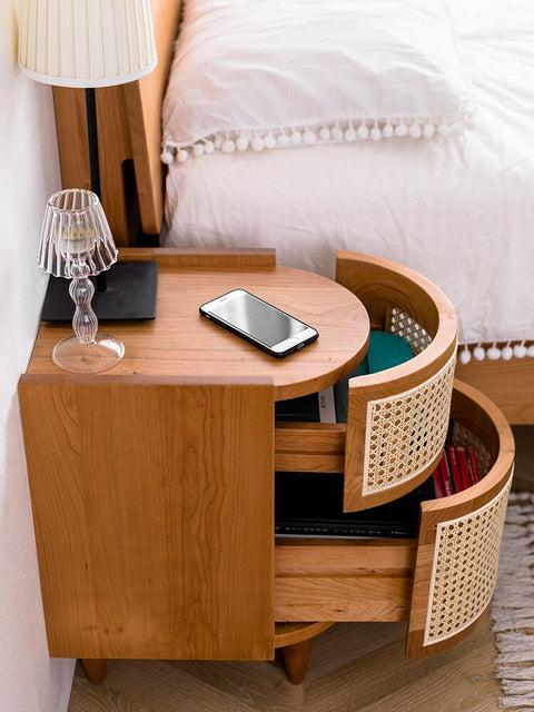 Wooden rattan side table with drawers