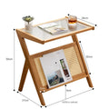 Wood, glass and rattan coffee table with magazine rack and dimensions.