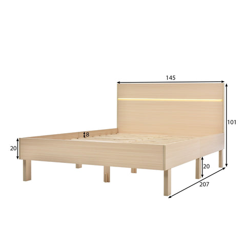 A wooden bed frame with LED headboard with dimensions