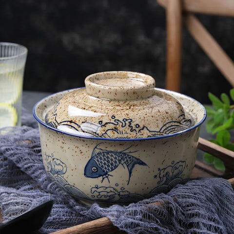 Ramen bowl with lid on table