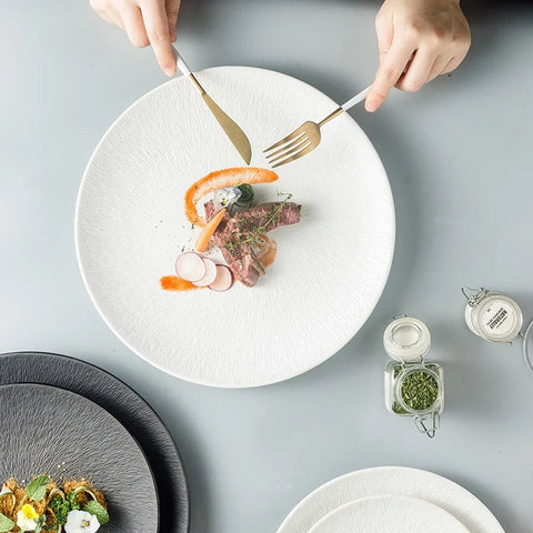 Plates stacked with food