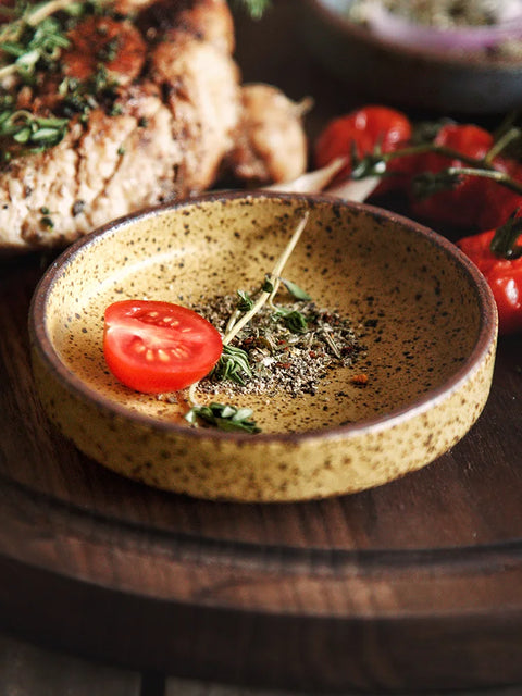 Plates with food on table