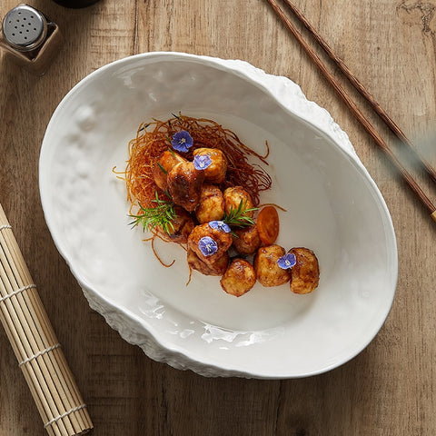 Ceramic bowl with food.