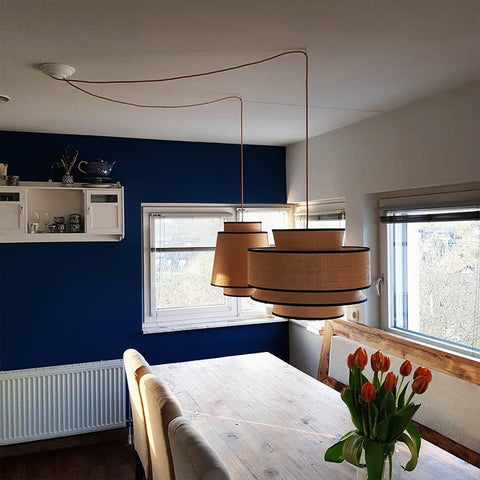 Pendant lamp above table.