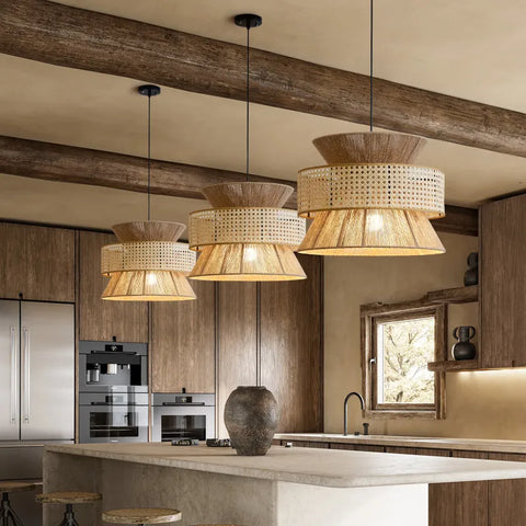 Beige rattan atlas lamps hanging in kitchen