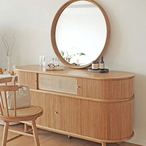 Tan cabinet with matching mirror