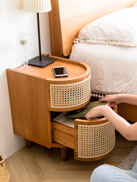 Wooden rattan side table with drawers