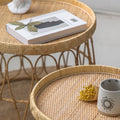 Close up of rattan and wicker drum-style table.