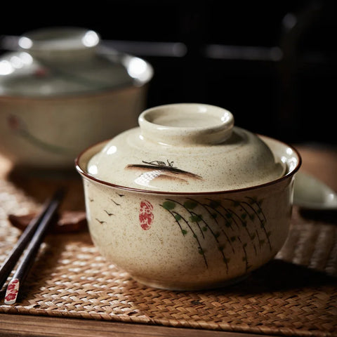 Ramen bowl with lid on table