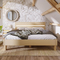 A wooden bed frame with LED headboard