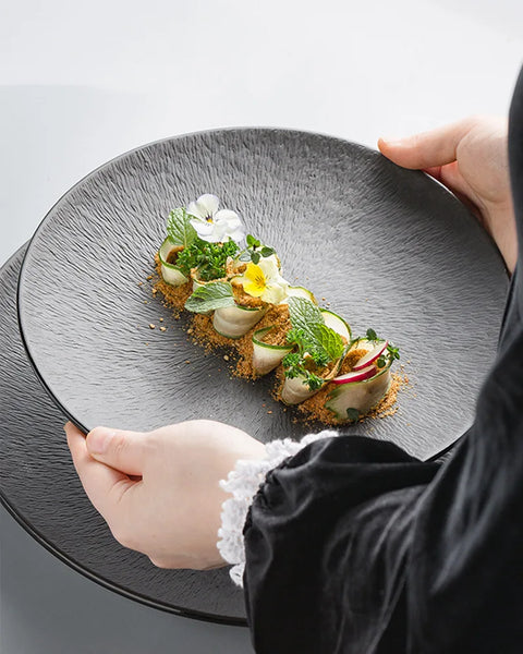 Plates stacked with food