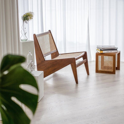 Rattan wooden table next to chair