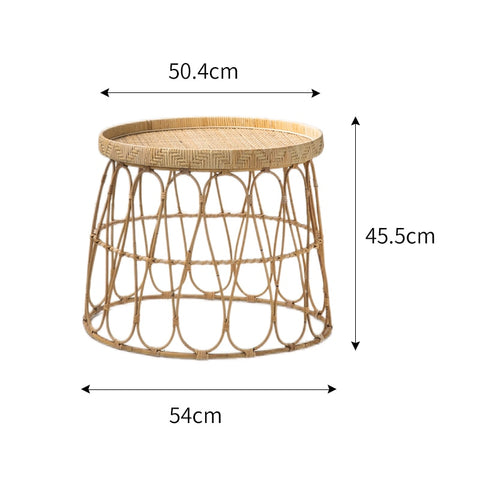 Rattan and wicker drum-style table with dimensions.