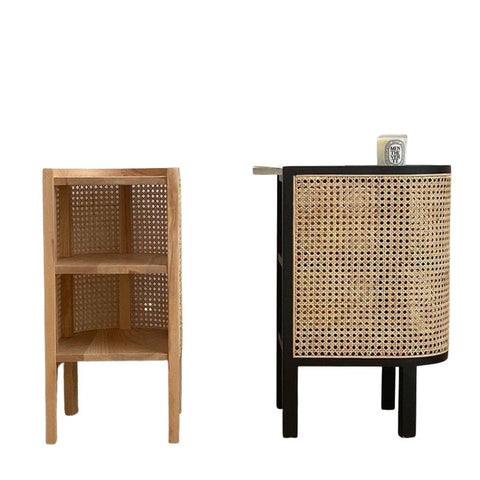 Two wood and rattan side tables