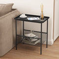 Iron side table with basket wrack underneath.