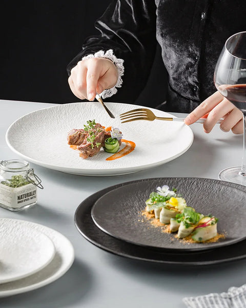 Plates stacked with food