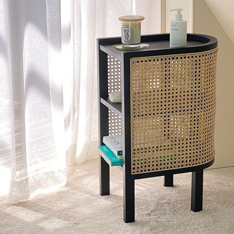 Wood and rattan side table.