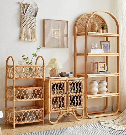 Rattan storage shelves with matching furniture