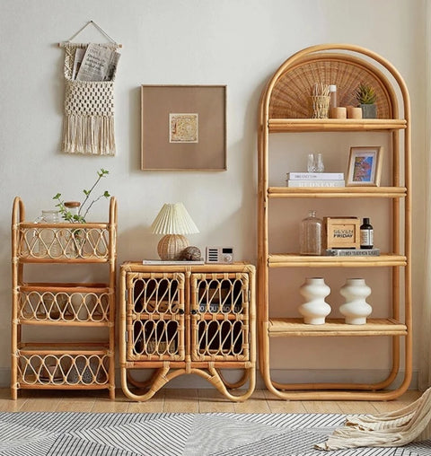 Rattan storage shelves with matching furniture