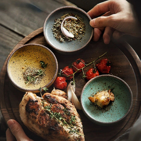 Plates with food on table