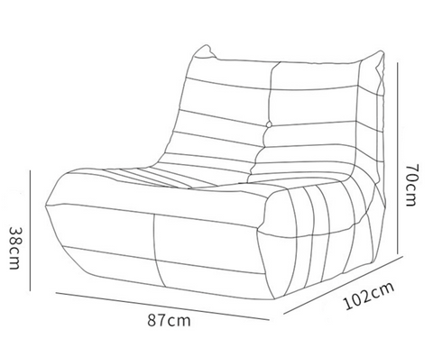 Leather-look slouch couch chair drawing with dimensions.