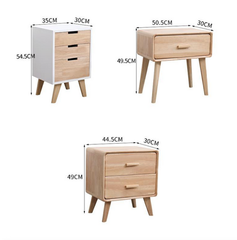 Wooden bedside table with dimensions.