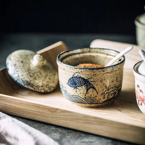 Sugar dish on tray with spoon and lid