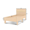 A wooden bed frame with LED headboard with dimensions