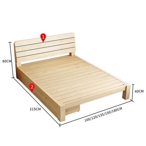 Wooden bed frame with dimensions.