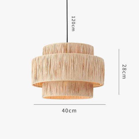 Hanging lampshade in tiered design with dimensions.