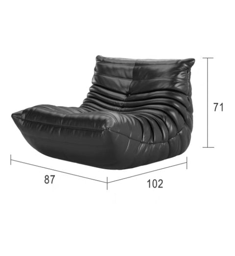 Leather-look slouch couch chair with dimensions.