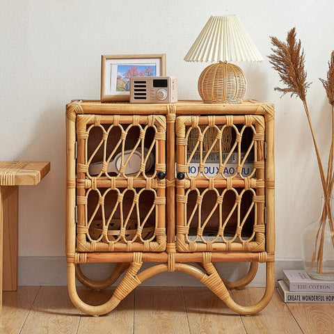 A wicker storage cupboard on display