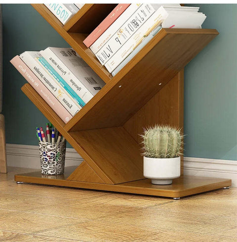 Close up of wooden bookcase with decorative ornaments