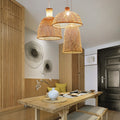 Selection of bamboo chandeliers above table.