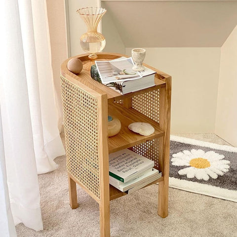 Wood and rattan side table.